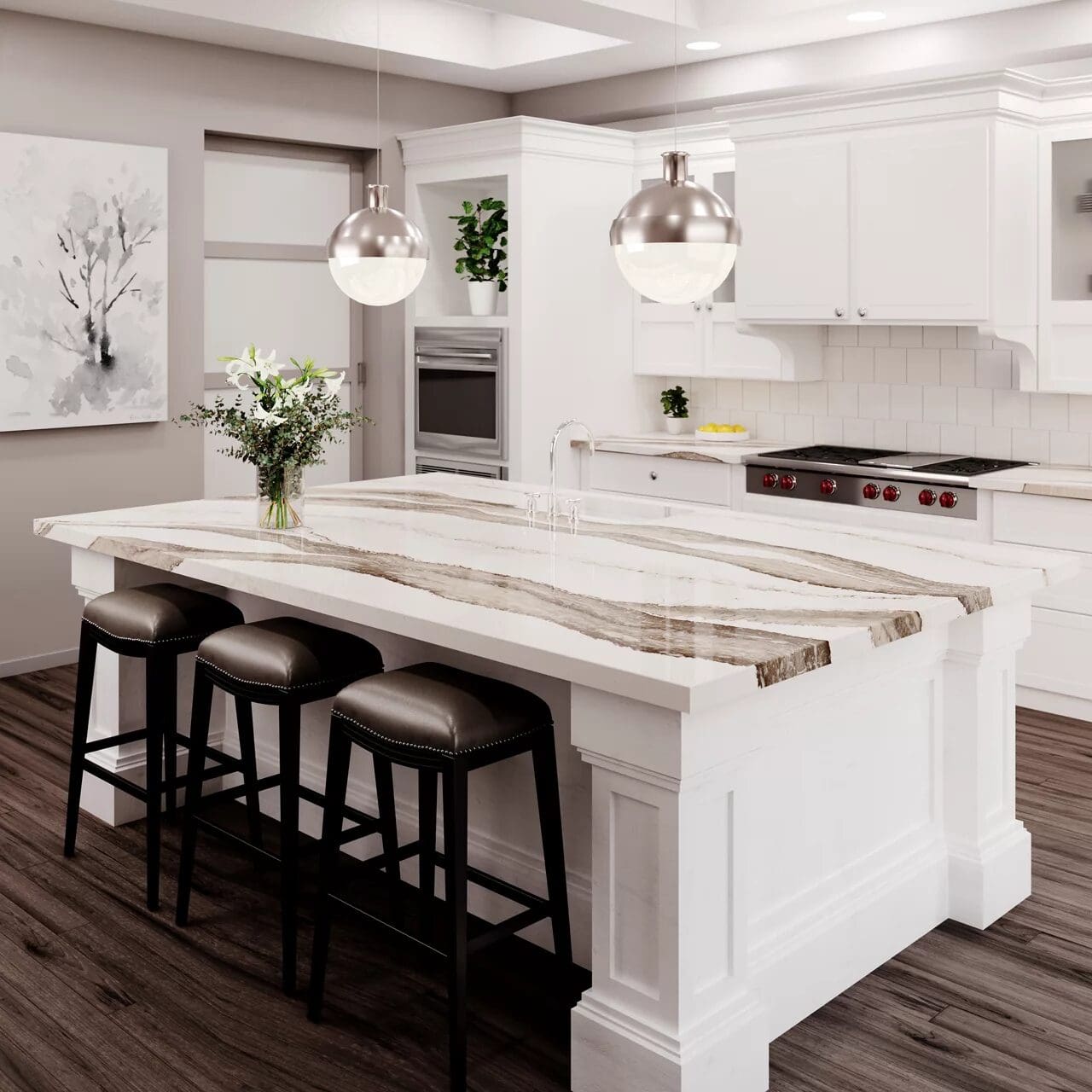 A kitchen with white cabinets and black stools.