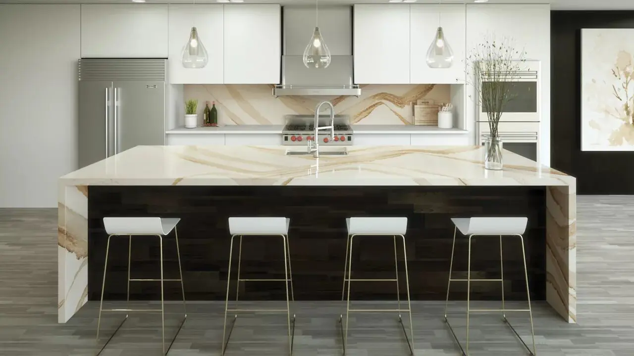 A kitchen with white cabinets and a large island.