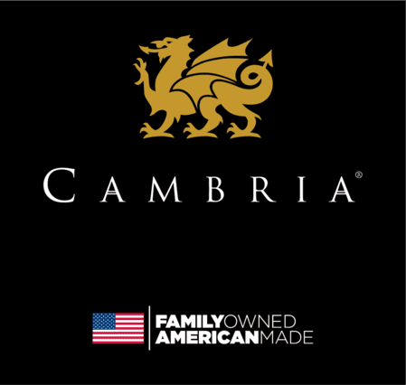 A black and gold logo for cambria.