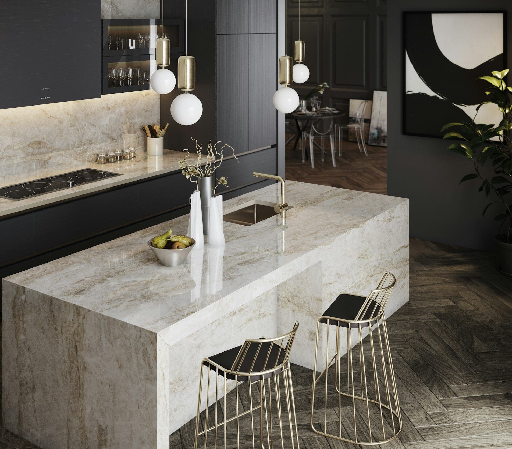 A kitchen with marble counter tops and black walls.